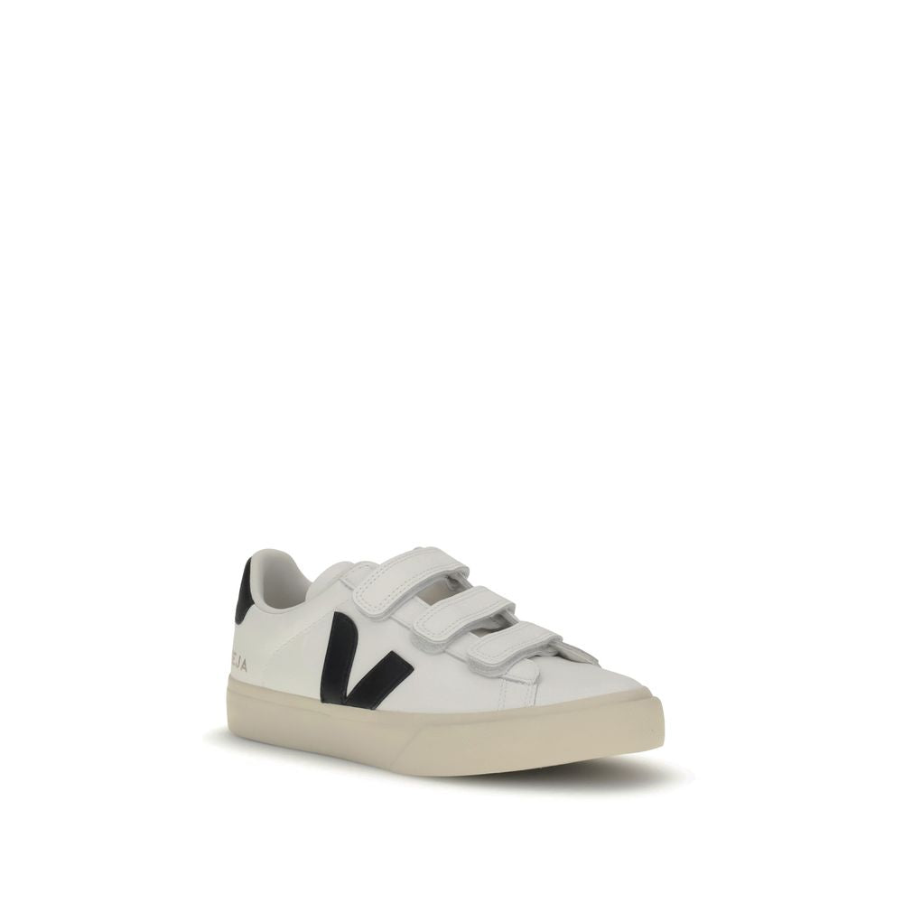 Veja White Rubber Low Top Sneakers with three straps, contrasting panels, and brand logo on sides, featuring a round toe and embossed tongue.