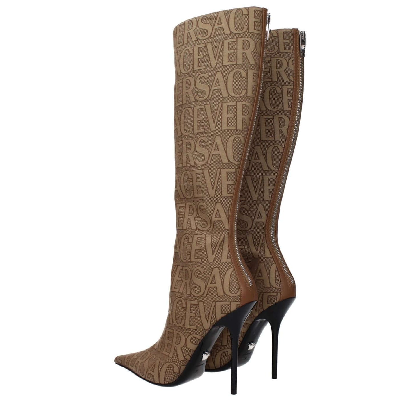 Versace Beige Fabric High Heel Boots with logo print, featuring pointy toe and zip closure, designed for casual style with leather sole.