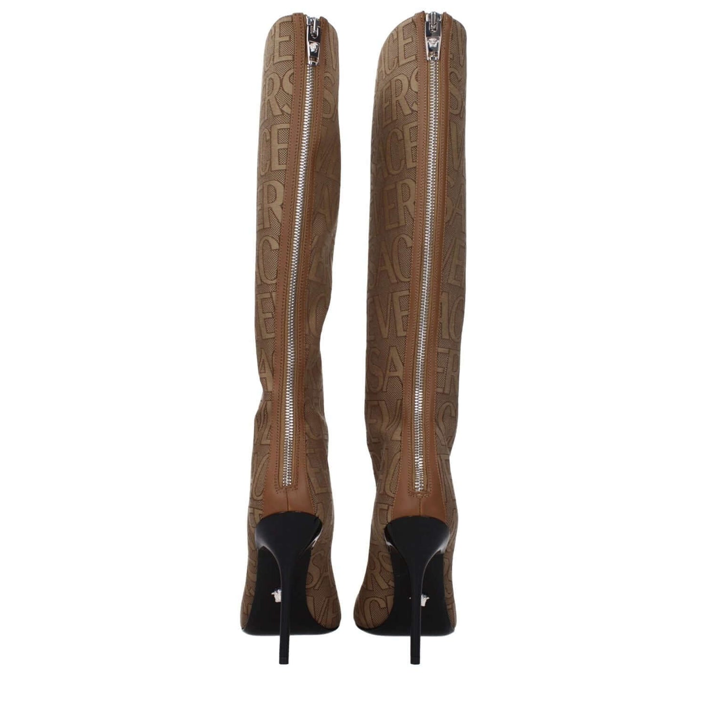 Versace Beige Fabric High Heel Boots with logo print, pointy toe, and zip closure, featuring 11 cm leather sole heels.