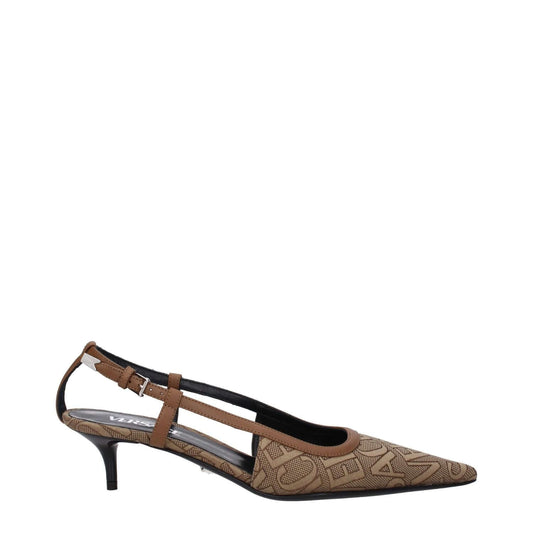 Versace Beige Fabric Mid Heel Pumps with logo, buckle closure, leather sole, pointy toe, and brown accents, 7.5 cm heel height.