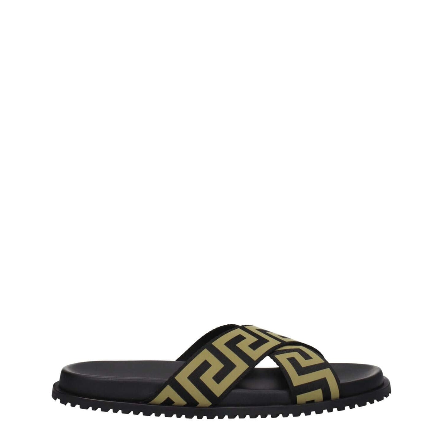 Versace Black Fabric Slippers with gold accent, featuring open toe and low flat heel, rubber sole, casual style.