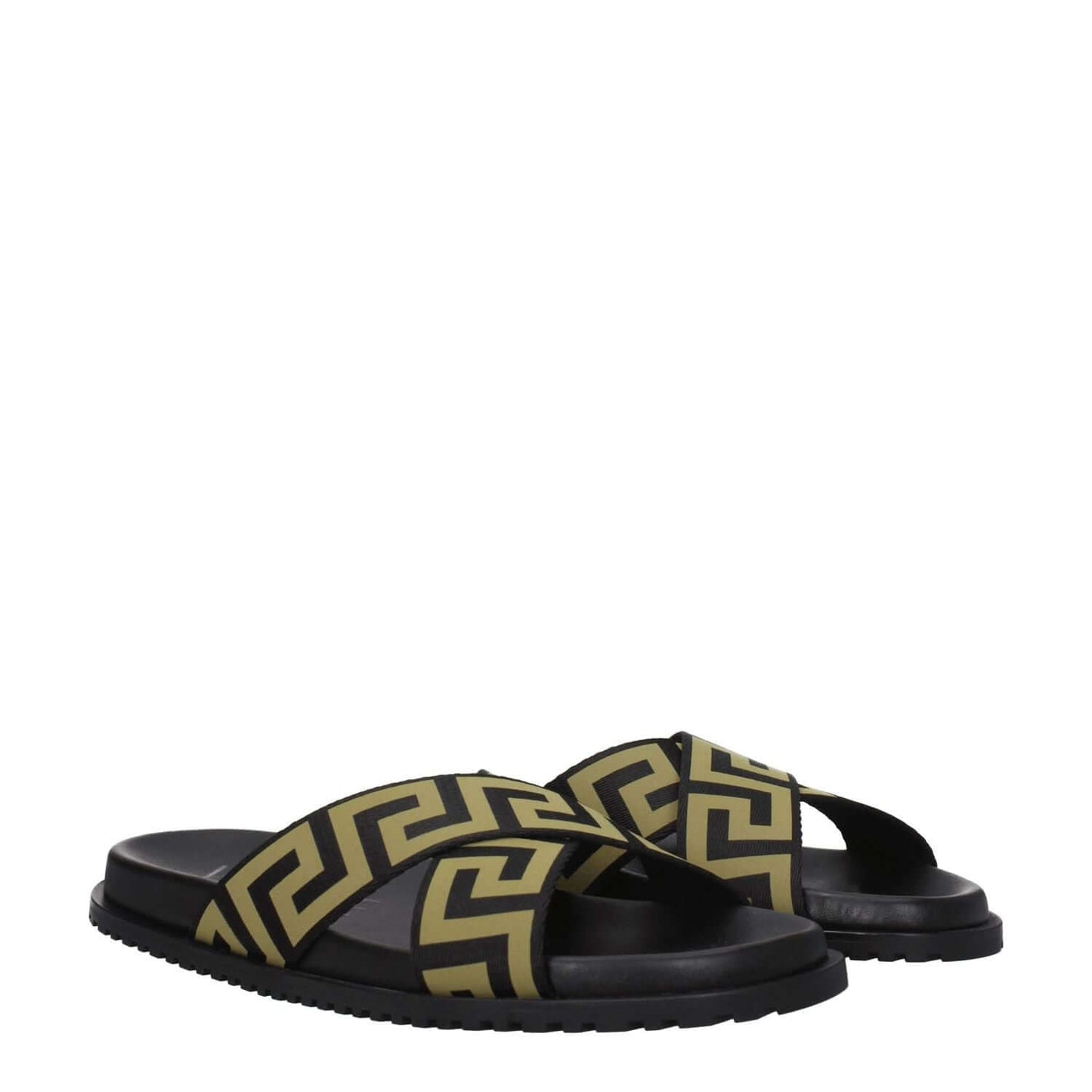 Versace Black Fabric Slippers with gold accents, open toe design, and low rubber sole, stylish and casual footwear.
