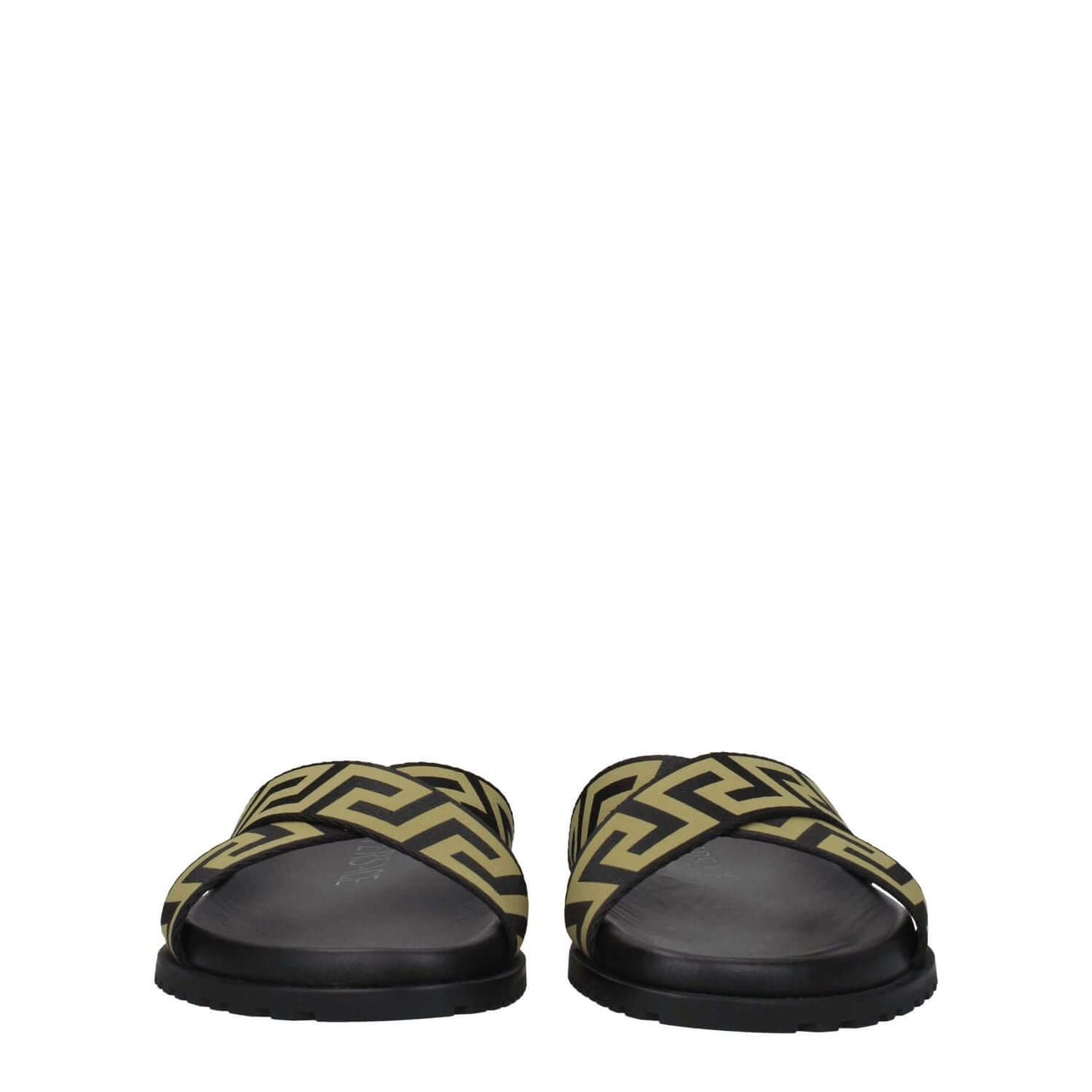 Versace Black Fabric Slippers with gold geometric pattern, open toe, casual style, low flat rubber sole, MPN 10083181A059582B150