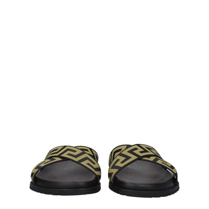 Versace Black Fabric Slippers with gold geometric pattern, open toe, casual style, low flat rubber sole, MPN 10083181A059582B150