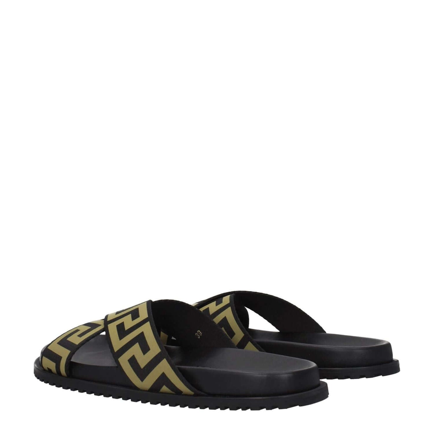Versace Black Fabric Slippers with gold accents, casual open toe design, rubber sole, low flat heel, stylish for new collection.