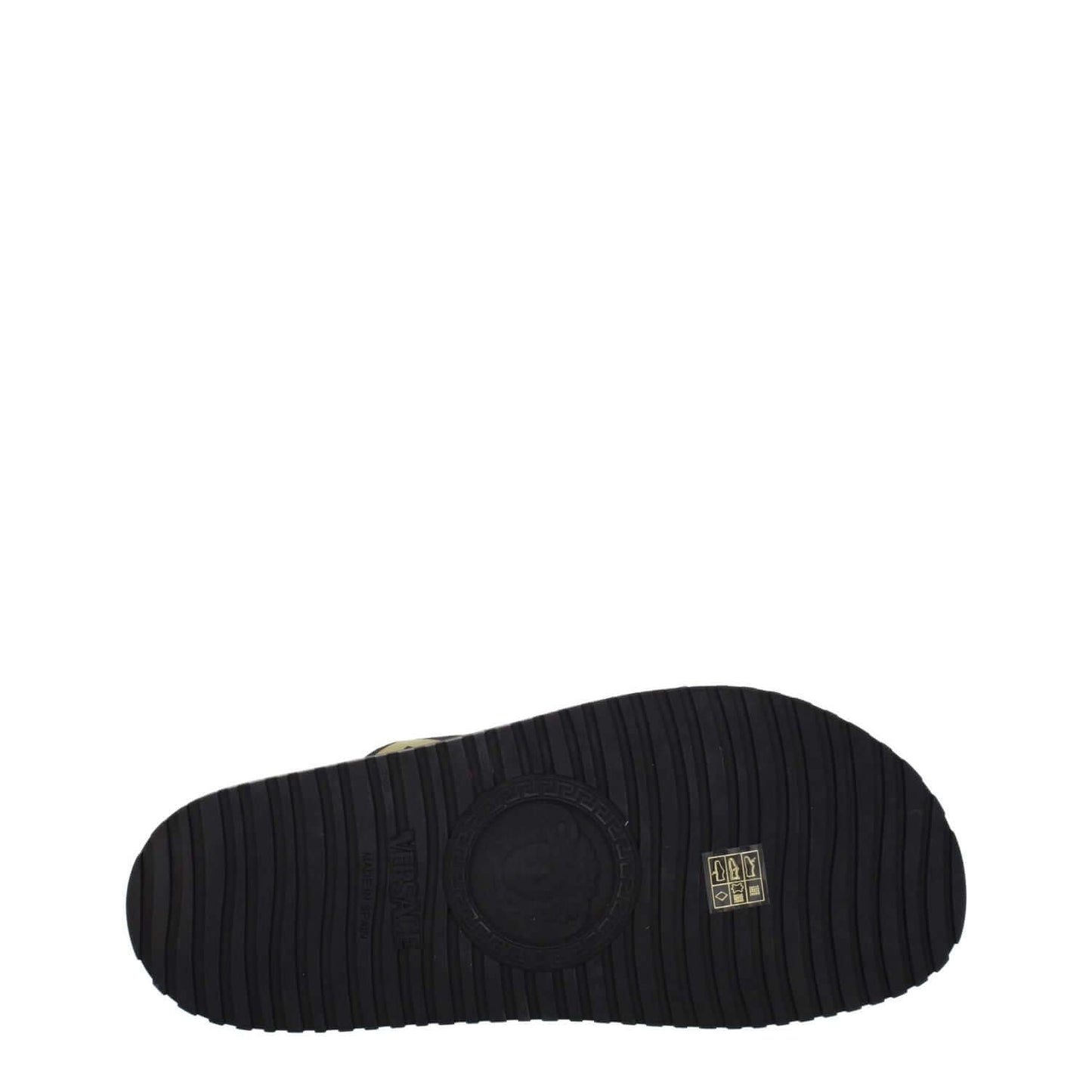 Versace Black Fabric Slippers with rubber sole, open toe, and flat heel, showcasing the black and gold design, style code F76789.