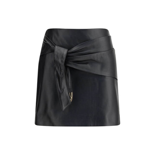 Versace Black Lamb Ovis Aries Aries Mini Skirt with decorative knot, leather finish, AW25 collection, Italian craftsmanship.