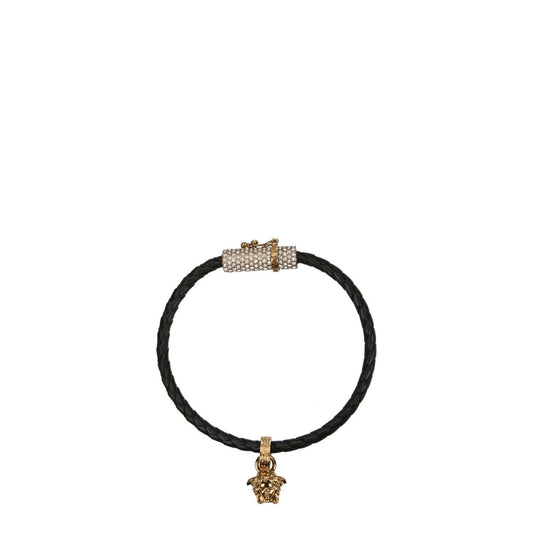 Versace Black Leather Bracelet with gold accents, featuring a hook closure and back logo. Casual style from luxury designer collection.