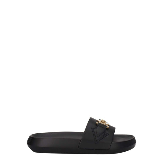 Versace Black Leather Slippers with gold front detail, open toe design, rubber sole, casual style.