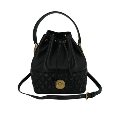 Versace Elegant Black Leather Medusa Bucket Shoulder Bag