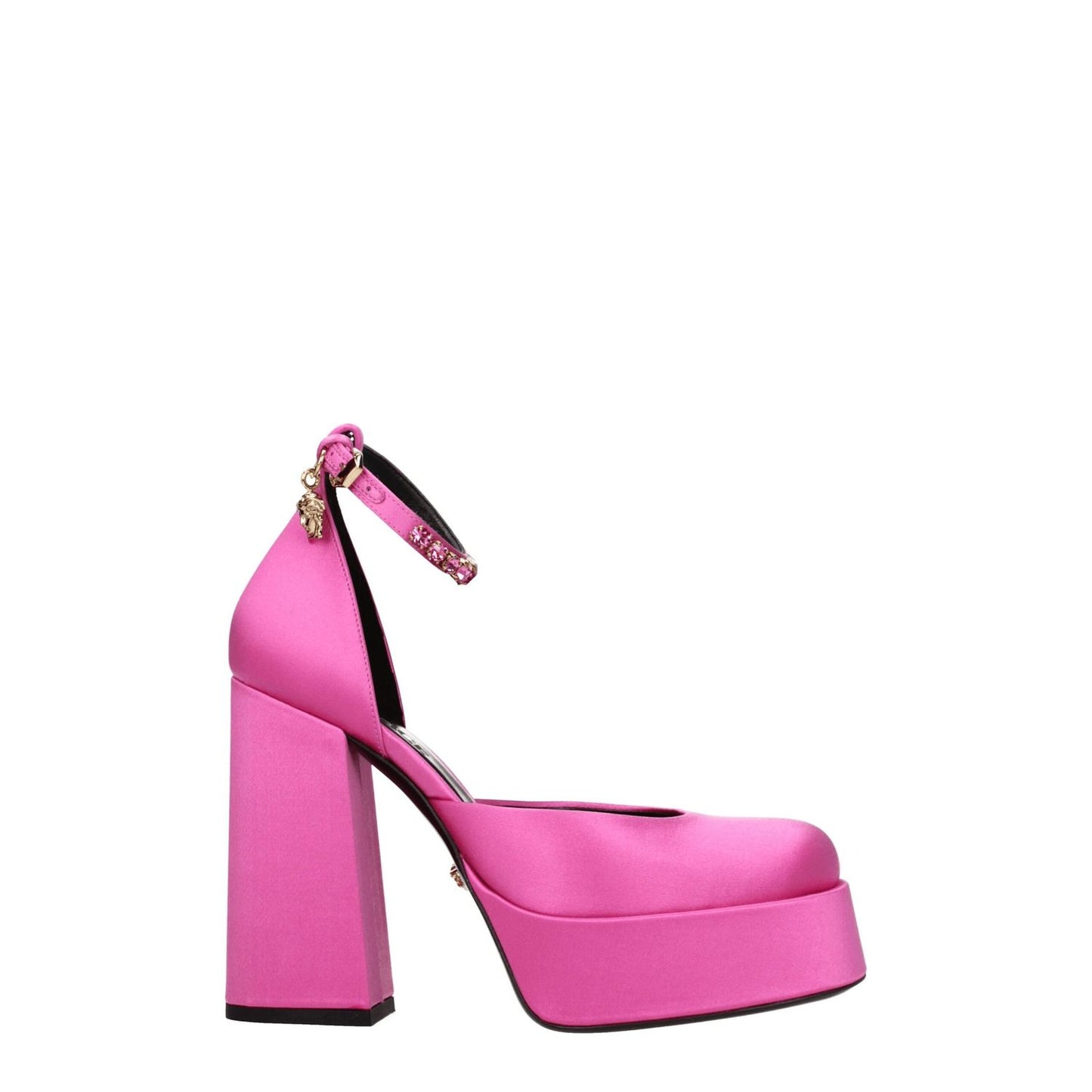 Versace Pink Satin Platform Pumps with 12.5 cm high heel, rhinestone buckle, and leather sole. Stylish design for elegant occasions.