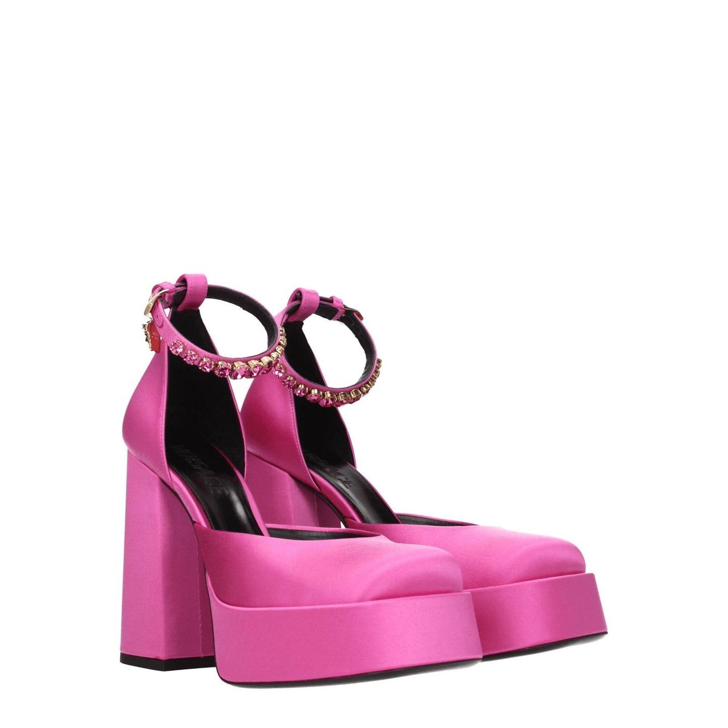Versace Pink Satin Platform Pumps with buckle closure, rhinestone side detail, and high leather sole.