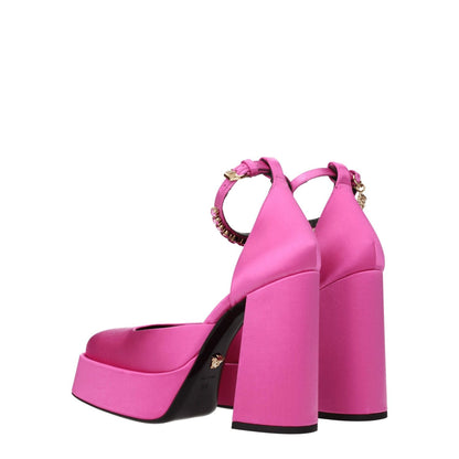 Versace Pink Satin Platform Pumps with gold buckle closure and high heel, featuring rhinestone embellishments and leather sole.