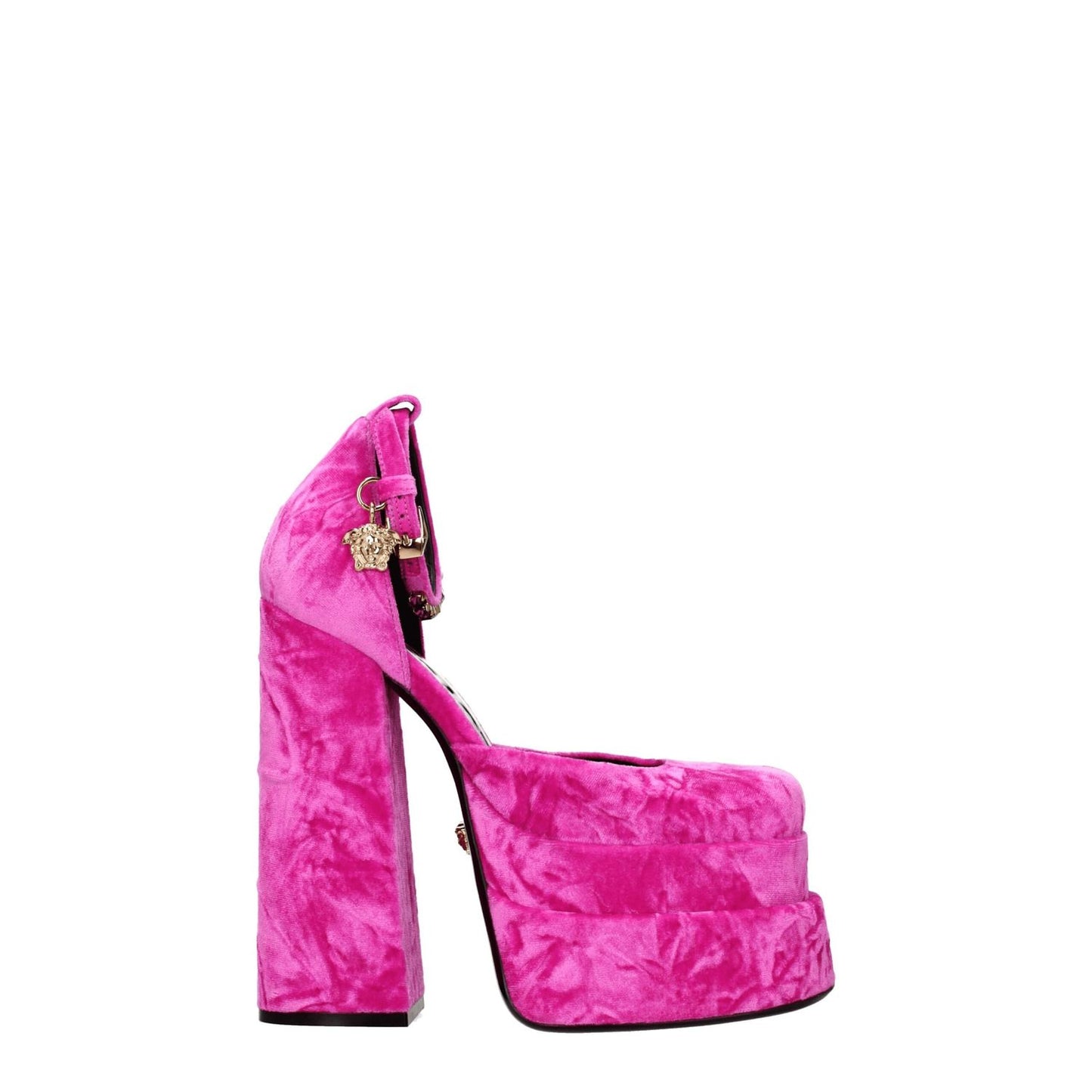 Versace Pink Velvet Platform Sandals with gold details, square toe, buckle closure, leather sole, and high heel.