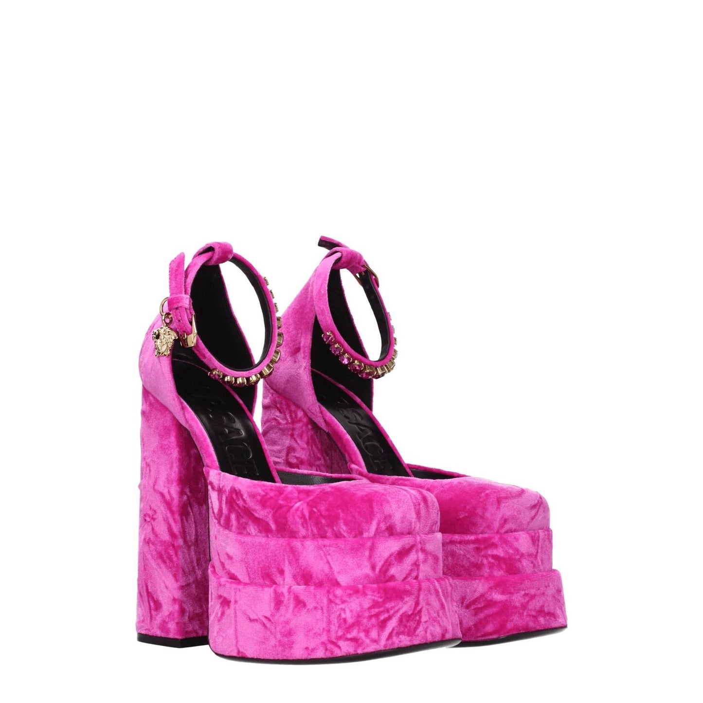 Versace Pink Velvet Platform Sandals with rhinestone detail and buckle closure, high heel 15.5cm, square toe, leather sole.