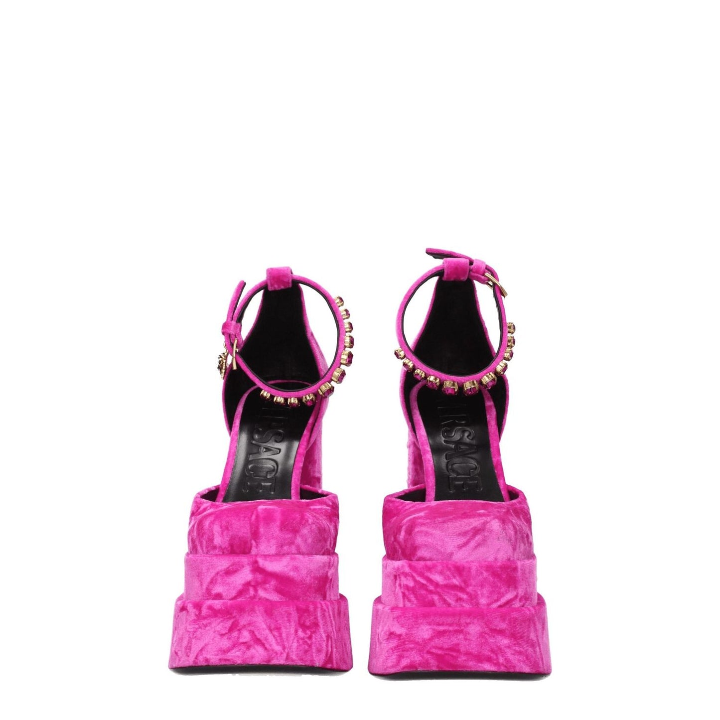 Versace Pink Velvet Platform Sandals with rhinestone detail and buckle closure, high heel, square toe, leather sole, viewed from back.