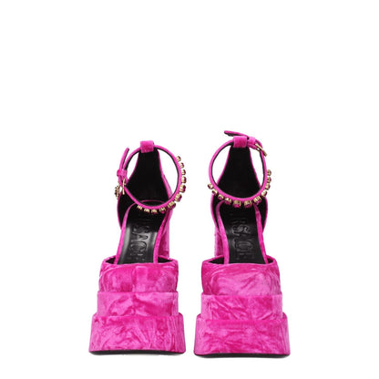 Versace Pink Velvet Platform Sandals with rhinestone detail and buckle closure, high heel, square toe, leather sole, viewed from back.