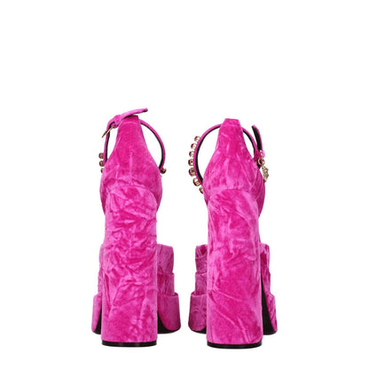 Versace Pink Velvet Platform Sandals with rhinestone detail, buckle closure, and leather sole, high heel design.