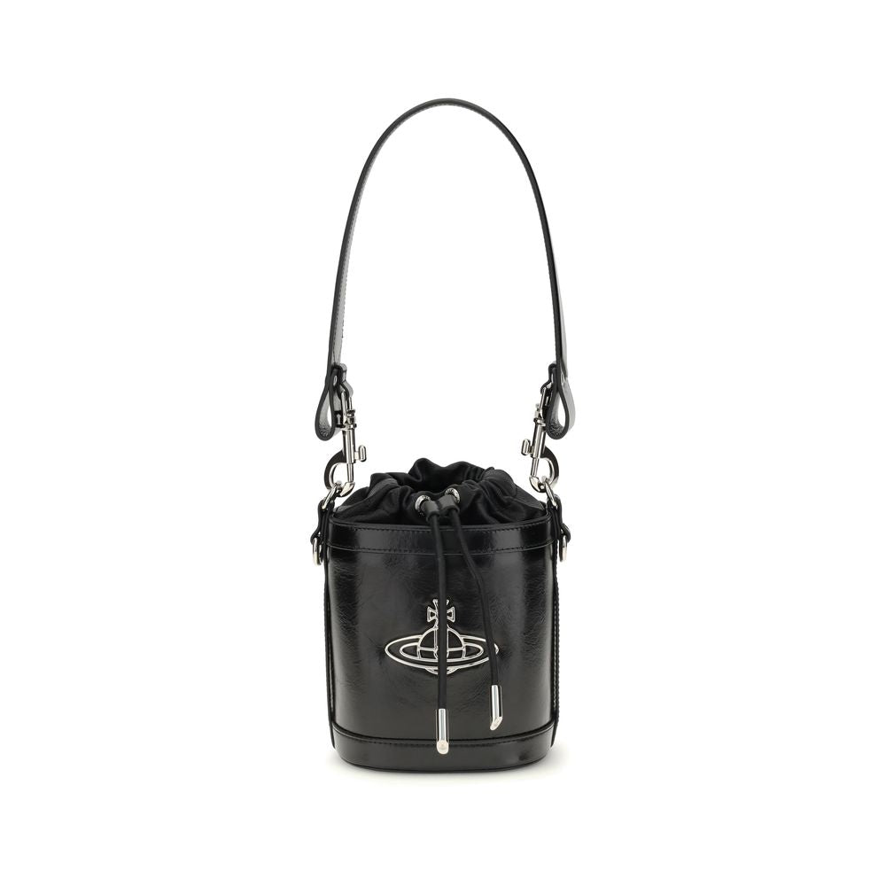 Vivienne Westwood Black Calf Leather Bos Taurus Backet Bag with iconic Orb detail on front, versatile strap options, and drawstring closure.