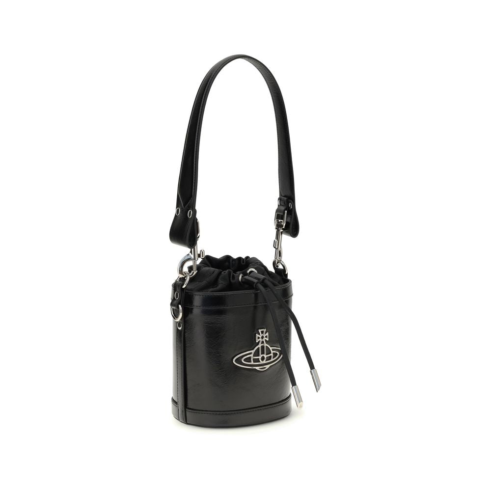 Vivienne Westwood Black Calf Leather Bos Taurus Backet Bag with Orb detail, nappa leather, chain strap, and drawstring closure.