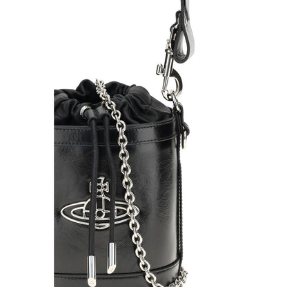 Vivienne Westwood Black Calf Leather Bos Taurus Backet Bag with Orb detail and chain strap, close-up view.