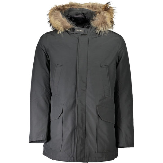 Woolrich Gray Cotton Men's Jacket with fur hood and multiple pockets, displayed on a plain background.