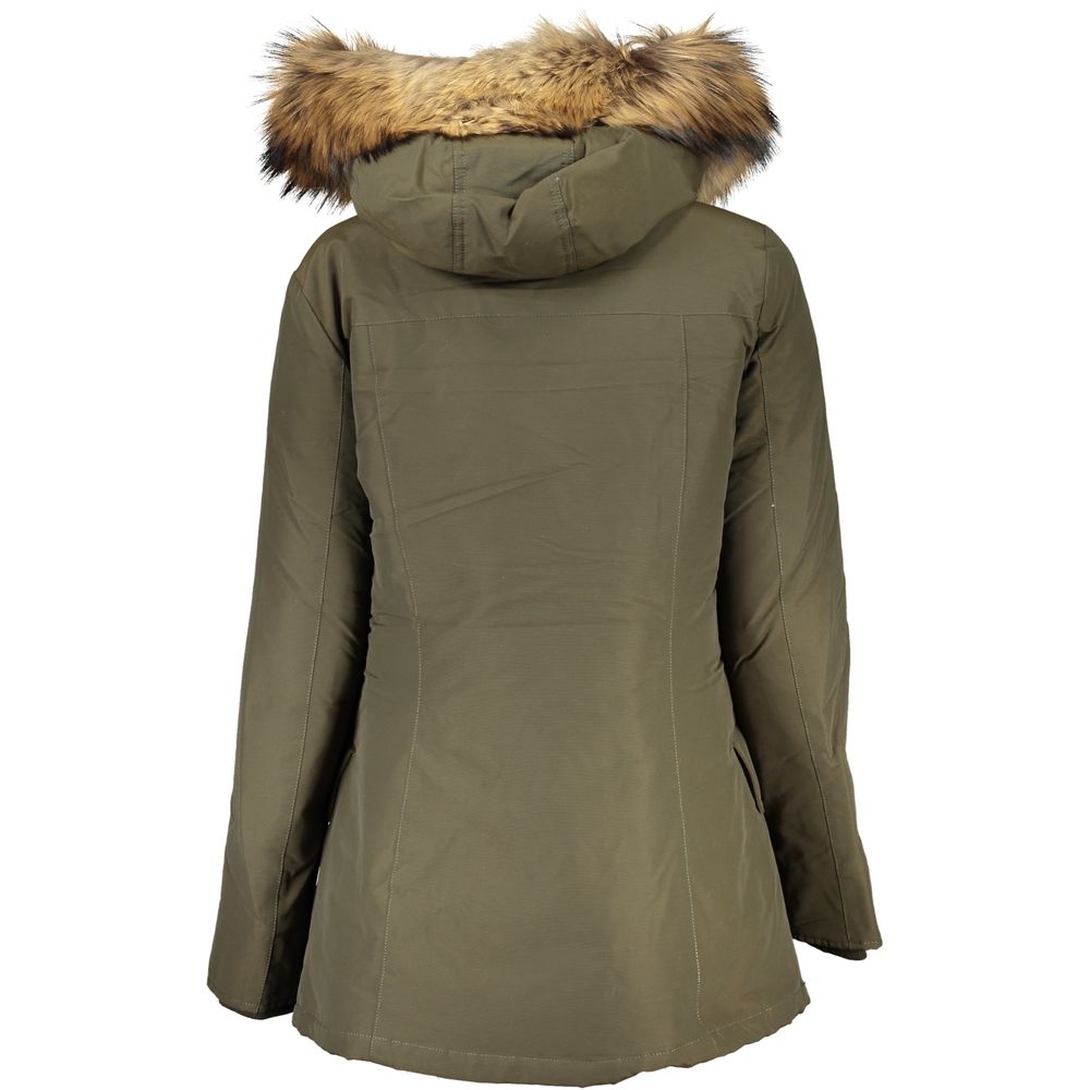 Alt Tag: Woolrich Green Cotton Jackets & Coat with hood, removable fur trim, long sleeves, two pockets, zip and buttons, logo visible