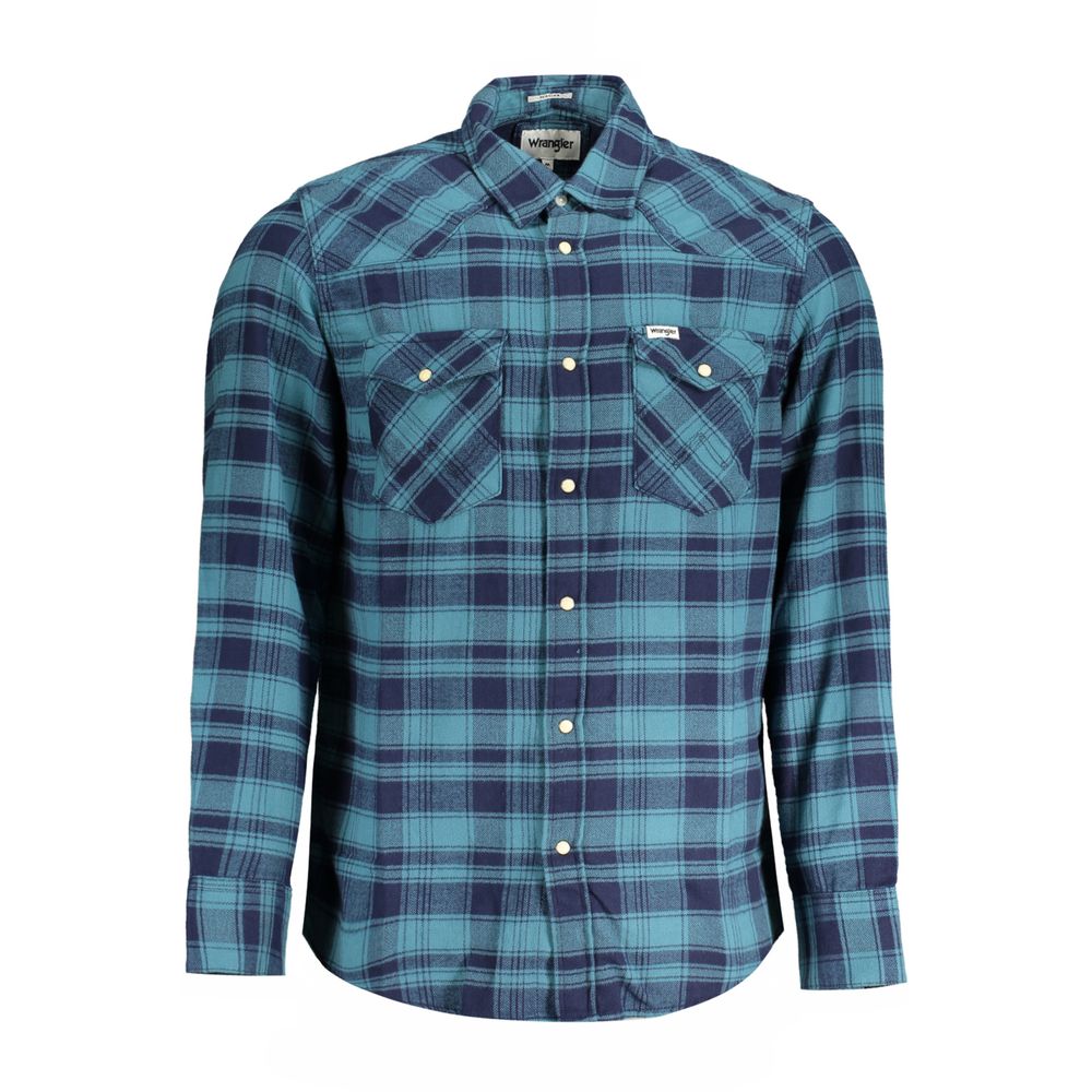 Wrangler Blue Cotton Shirt, long sleeve Scottish flannel with Italian collar, automatic button cuffs and pockets