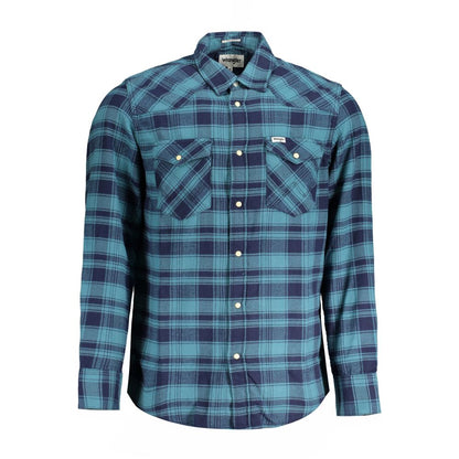 Wrangler Blue Cotton Shirt, long sleeve Scottish flannel with Italian collar, automatic button cuffs and pockets