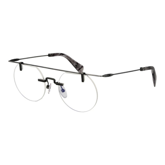 Yohji Yamamoto Gray Men Glasses Frame, rimless round metal design with grey color and blue-filter lenses included in a branded soft case.