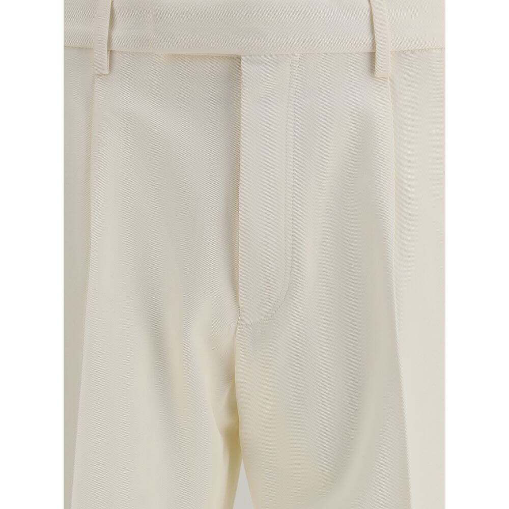 ZEGNA White Cotton Dress Pants close-up view with front zipper, button closure, and belt loops.