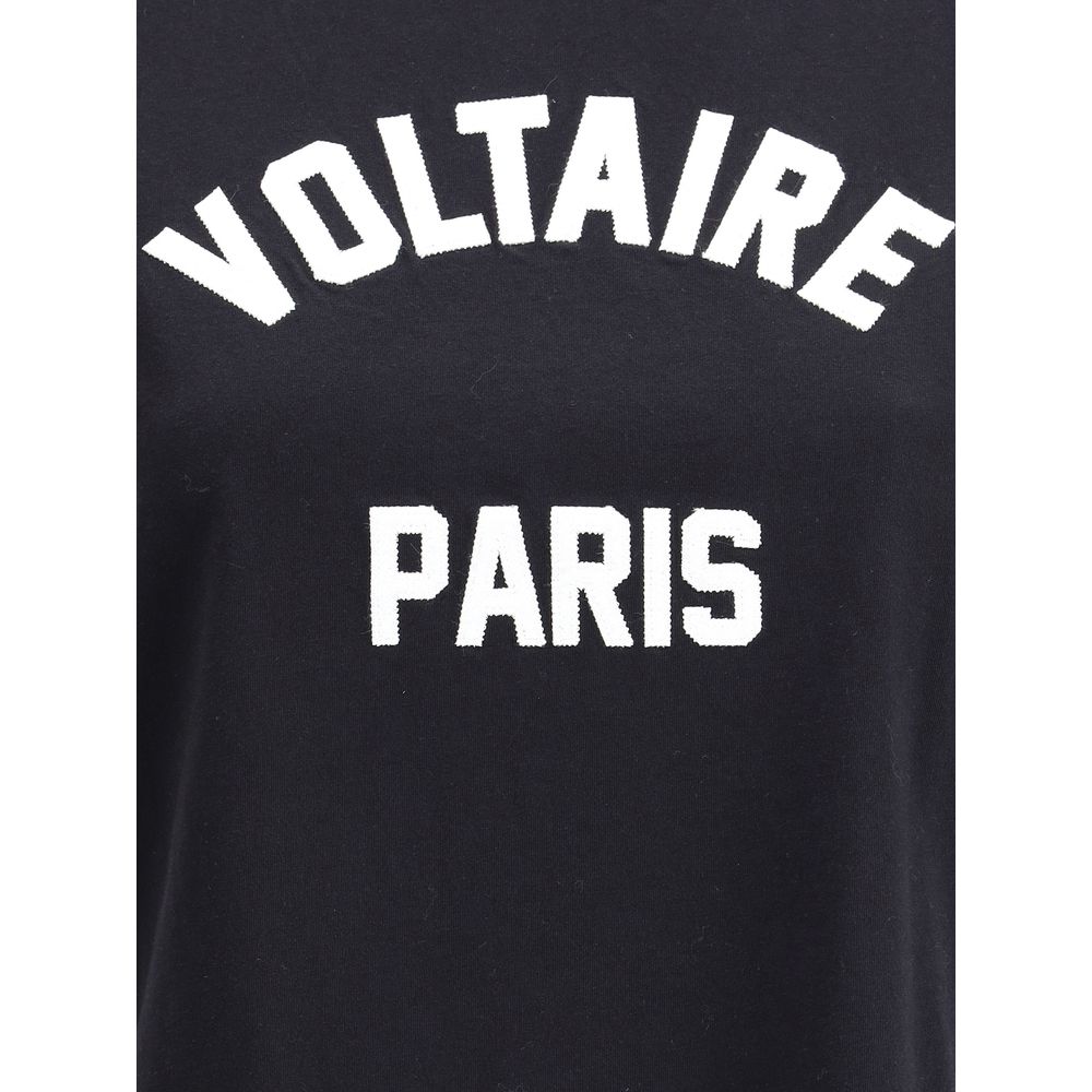 Zadig & Voltaire Black Cotton T-Shirt with Voltaire Paris logo, ribbed crew neck and casual style, perfect for AW25 season.