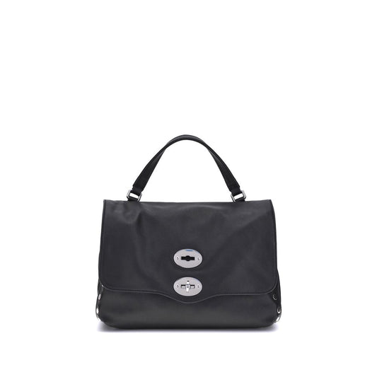 Zanellato Black Calf Leather Bos Taurus Handbag with twist-hook closure and top handle, featuring a versatile shoulder strap.