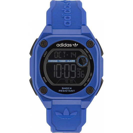 Adidas Blue Synthetic Watch with digital quartz movement, 45mm blue resin case, silicone strap, and features like chronograph and alarm.