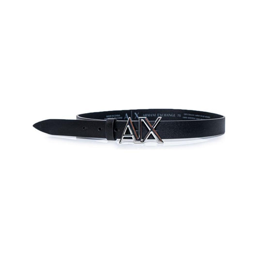 Armani Exchange black leather belt with A/X logo buckle, elegant women's accessory, polyurethane interior for comfort and durability.