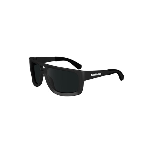 Calvin Klein black plastic sunglasses with square lenses, 60mm lens, 14mm bridge, 130mm temples, contrast details, and logo on side.
