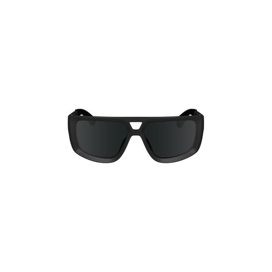 Calvin Klein black plastic sunglasses with square black lenses, contrast details, and logo. Lens width 60mm, bridge 14mm, temple 130mm.