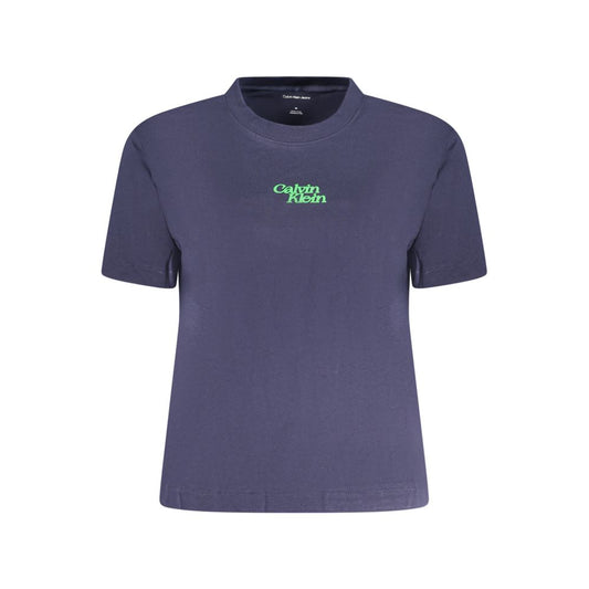 Calvin Klein blue cotton women's T-shirt with short sleeves and crew neck, featuring bold print and logo on the front.