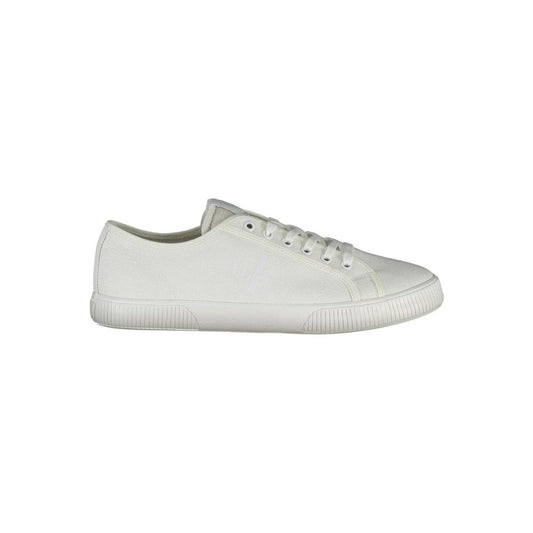 Calvin Klein white polyester men's sneaker flaunting a bold logo and modern design with 50% recycled materials for sustainable style.