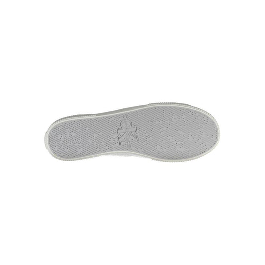 Sole of Calvin Klein white polyester men's sneaker with logo detailing and textured grip, highlighting sustainable design.