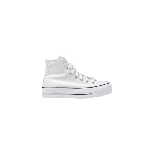 Converse white polyester high-top sneaker with platform sole, offering style and comfort for casual outings and events.