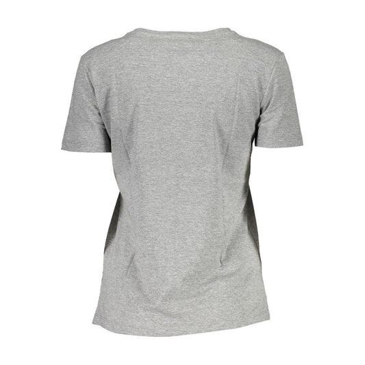 Back view of a plain gray women's short-sleeve t-shirt on a white background.