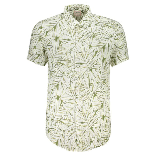 Men's short-sleeve button-up shirt with green leaf pattern, featuring a stylish slim fit and casual design for everyday wear.