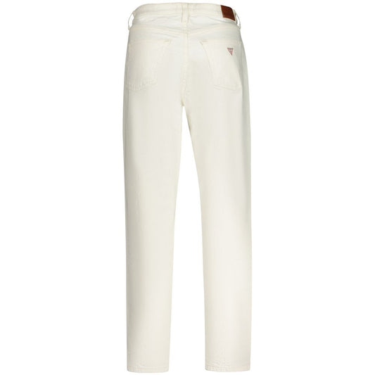 Back view of Guess Jeans white cotton women's mom jeans with high waist and tapered ankle length design.