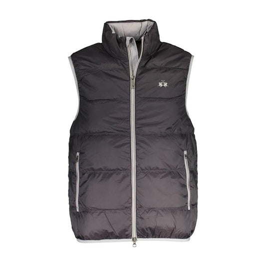 La Martina Black Polyamide Sleeveless Men's Jacket with Four Pockets, Embroidery Detail, and Zipper Closure
