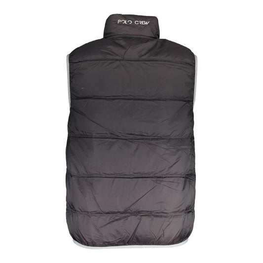 Back view of La Martina black polyamide men's sleeveless jacket with Polo Crew embroidery on collar
