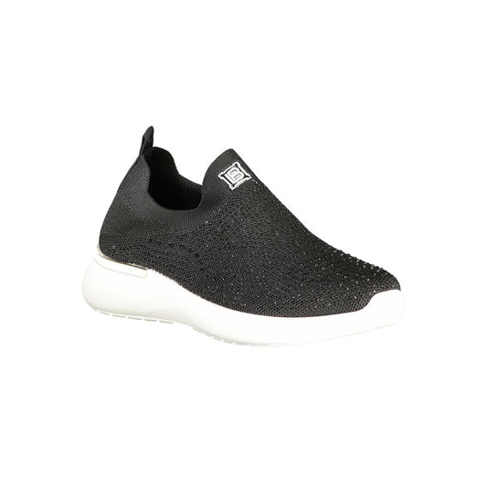 Laura Biagiotti black polyester women's sneaker with rhinestones and embroidery, showcasing elegant design and removable insole.
