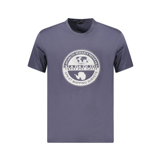 Napapijri blue cotton men's t-shirt with logo print, eco-friendly 100% organic cotton, casual crew neck short sleeve design.