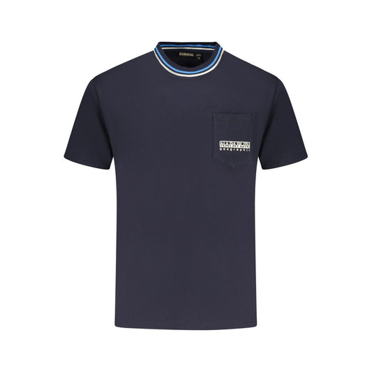 Napapijri blue cotton t-shirt, relaxed fit, short sleeves, crew neck, pocket with logo, contrasting details, organic cotton.