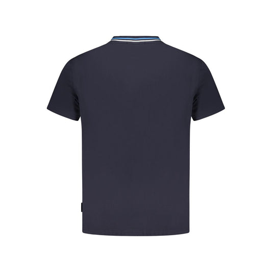 Back view of Napapijri blue cotton T-shirt, short sleeves, crew neck, with contrasting details, relaxed fit, showcasing single pocket.